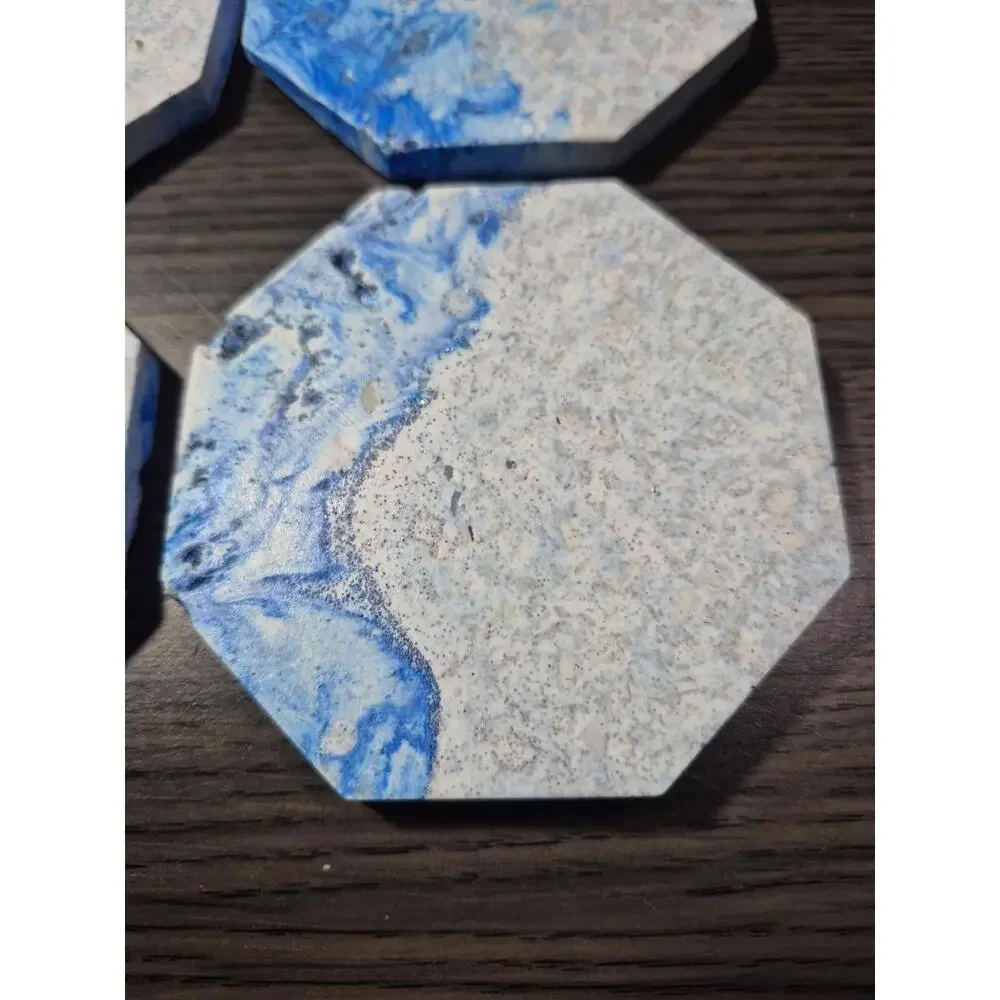 4 White/Blue/Gray Marbled Eco Resin Stone Look Hexagon Coasters 3 5/8” Handmade